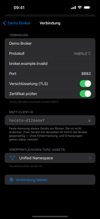 Broker-Verbindungseinstellungen — Host, Port, Protokoll und TLS