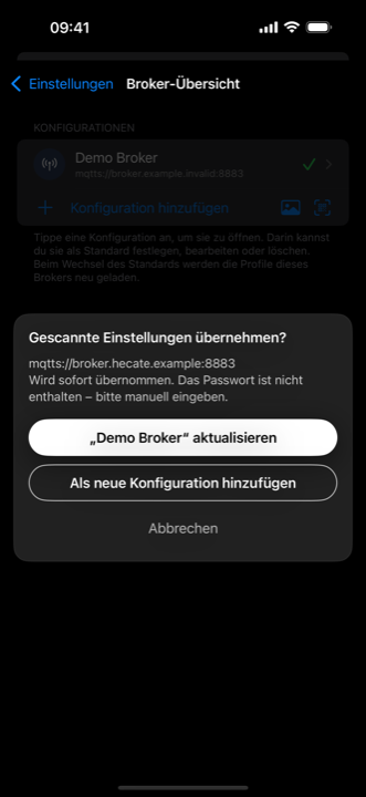 Das Gerät bestätigt die empfangenen Broker-Koordinaten