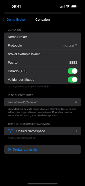 Ajustes de conexión del broker — host, puerto, protocolo y TLS
