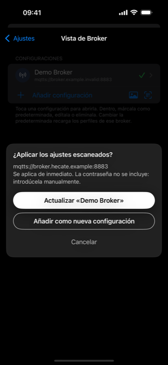El dispositivo confirma las coordenadas del broker recibidas