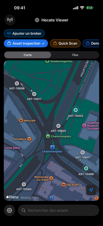 Hecate Viewer — la carte en direct avec les actifs entrants en épingles